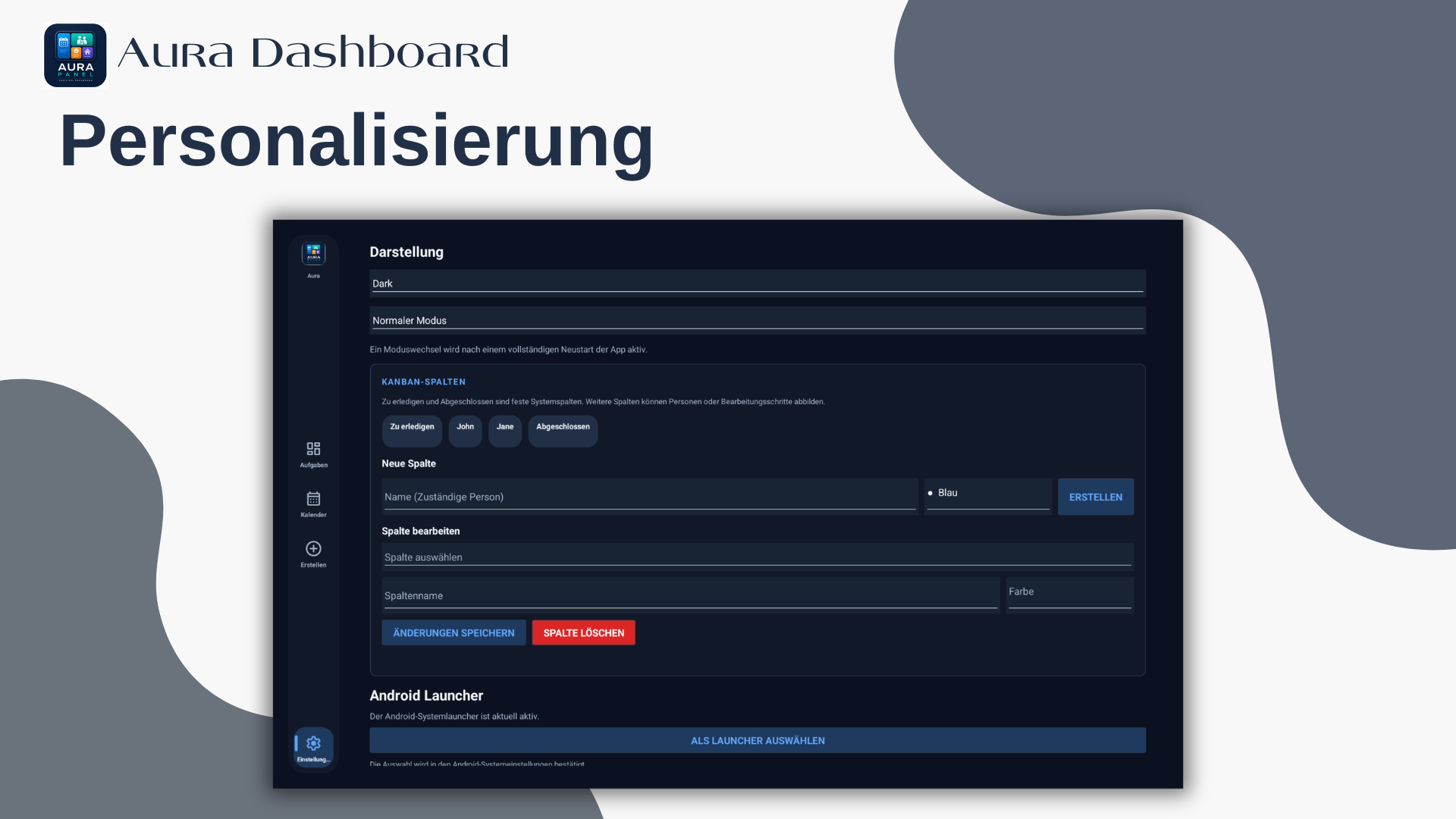 Aura Dashboard Einstellungen